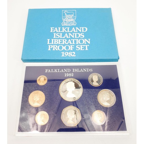 65 - A 1982 Falkland Islands Liberation proof coin set including a silver 50p. UK shipping £14. We combin... 