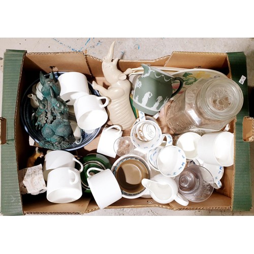 155 - A box of glass and ceramics including an antique Wedgwood Jasperware jug. No shipping. Arrange colle... 