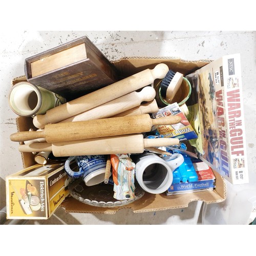 182 - A box of assorted including vintage rolling pins. No shipping. Arrange collection or your own packer... 