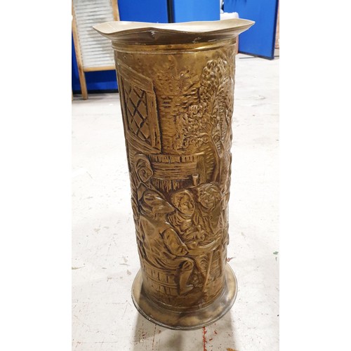 190 - A vintage brass embossed umbrella stand, height 18.5