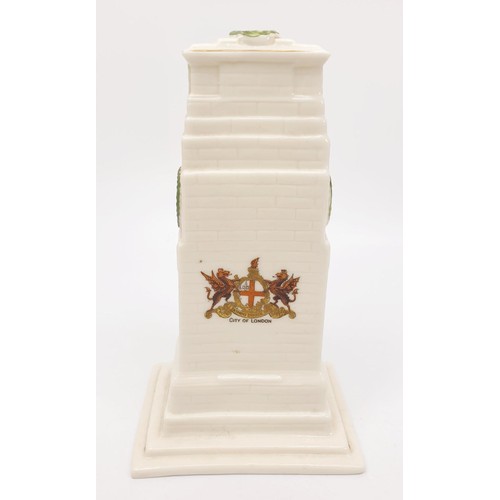 333 - An antique crested Botol china model of the Cenotaph with City of London coat of arms, height 7.25