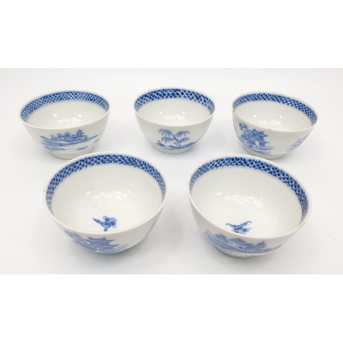 340 - Five antique Chinese export hand painted blue and white tea bowls, diameter 3.5