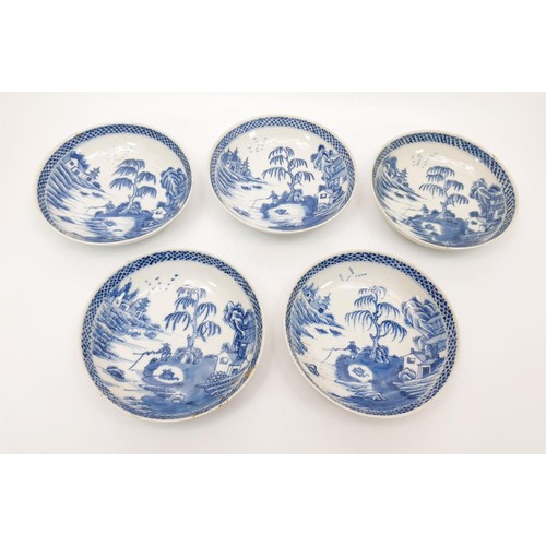 340 - Five antique Chinese export hand painted blue and white tea bowls, diameter 3.5