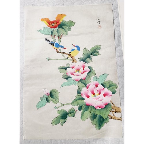 342 - Three Chinese paintings on silk depicting birds and flowers each one signed, 24