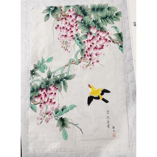 342 - Three Chinese paintings on silk depicting birds and flowers each one signed, 24