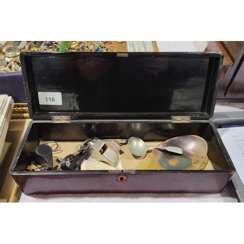 116 - A Japanese lacquered glove box containing a selection of collectables including an Acme Thunderer wh... 