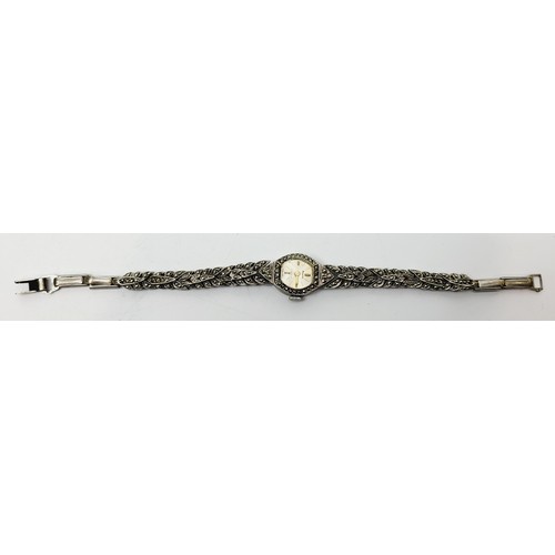 56A - A ladies 925 silver and marcasite mechanical cocktail watch A/F. UK shipping £14.