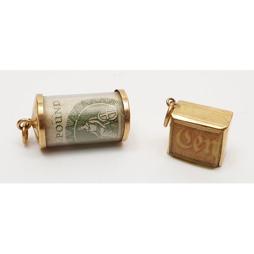 8 - Two vintage hallmarked 9ct gold and bank note charms. UK shipping £14.