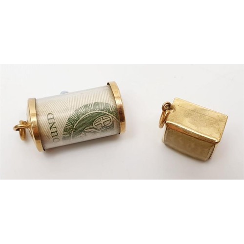 8 - Two vintage hallmarked 9ct gold and bank note charms. UK shipping £14.