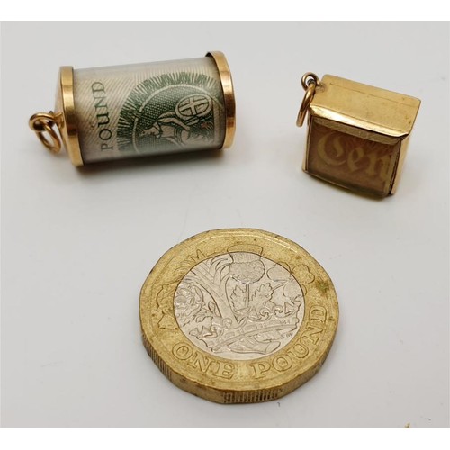 8 - Two vintage hallmarked 9ct gold and bank note charms. UK shipping £14.