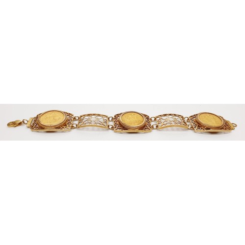 12 - A 9ct gold bracelet set with three sovereigns 1902, 1906, 1918, length 8