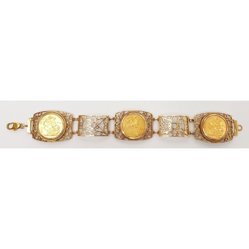 12 - A 9ct gold bracelet set with three sovereigns 1902, 1906, 1918, length 8