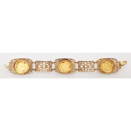 12 - A 9ct gold bracelet set with three sovereigns 1902, 1906, 1918, length 8