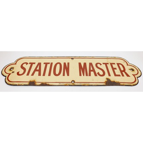 77 - An antique enamel Station Master wall plaque stamped Patent Enamel Ltd, Birmingham and London, lengt... 