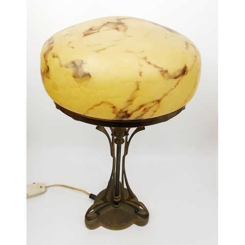 80 - A vintage continental Art Nouveau table lamp with mottled glass shade, height 18