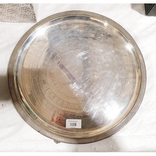 109 - A vintage silver plated tray stamped Spurrier, diameter 14.25