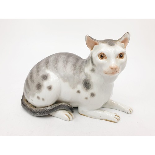 138 - An antique hand painted Meissen model of a cat, A/F, length 5.75