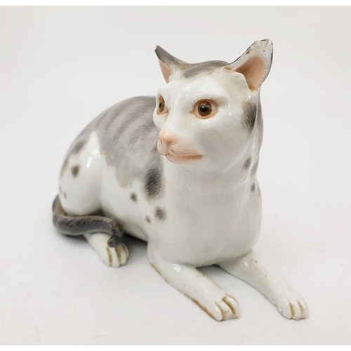 138 - An antique hand painted Meissen model of a cat, A/F, length 5.75