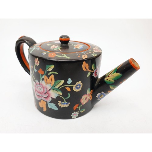 140 - An antique Davenport polychrome teapot, some restoration to the handle, height 3.25