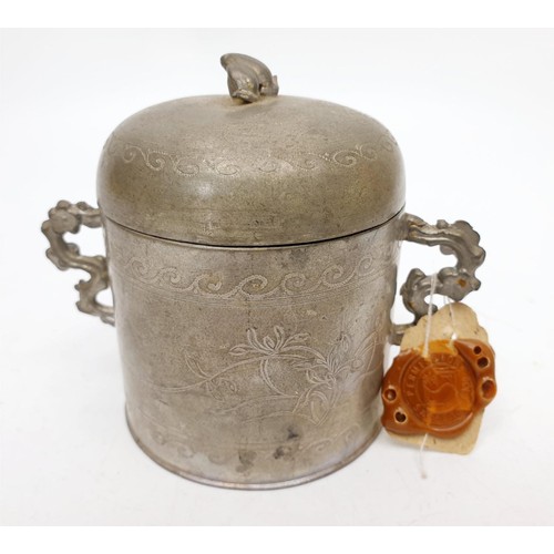 163 - An antique Chinese pewter wine warmer with custom seal, height 3.75