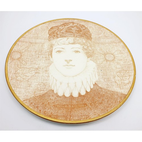 166 - An Aesthetic Movement Ashworth Pottery charger printed with a portrait of Ellen Terry as Portia in T... 