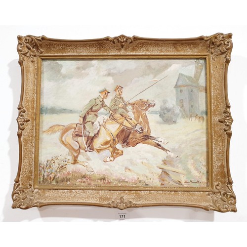 171 - An early 20th century oil on canvas painting depicting cavalry soldiers in battle, indistinctly sign... 