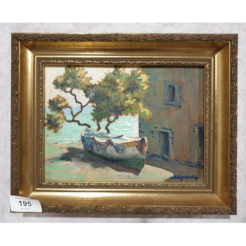 195 - An oil on board painting depicting a laid up boat by the sea, 6.5