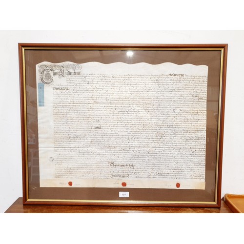 197 - An George II parchment document with seals, relating to the Swaine family, dated 1730, 19