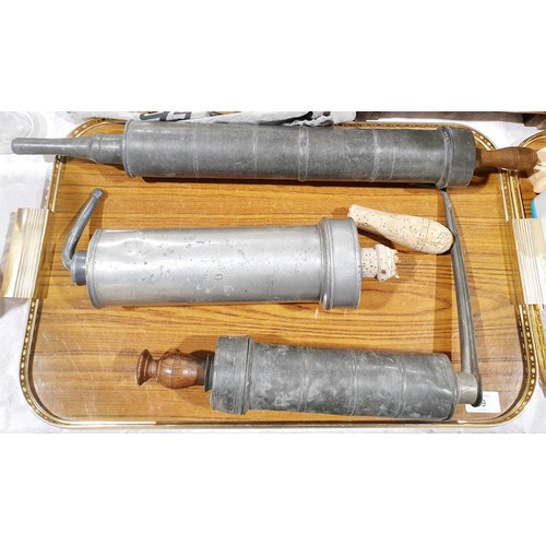 49 - Three antique pewter veterinary syringes. UK shipping £14.