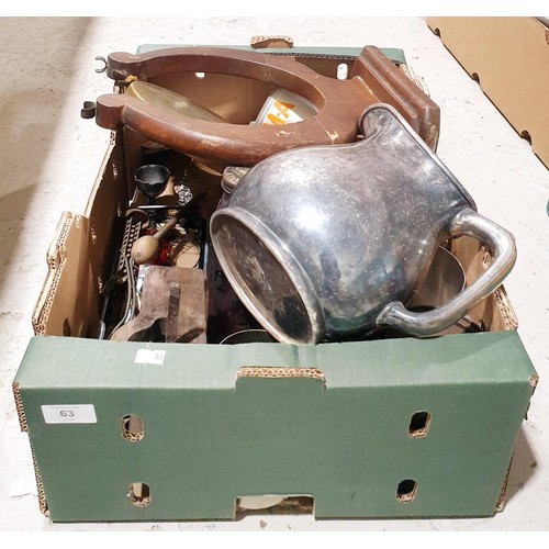 63 - A box of metal ware and assorted. No shipping. Arrange collection or your own packer and shipper, pl... 