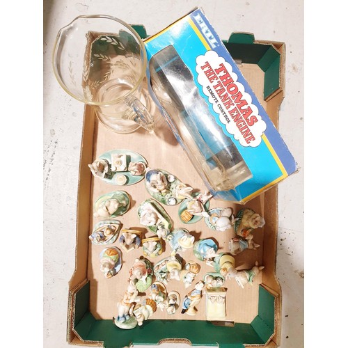 65 - A box of rabbit ornaments and a Thomas the Tank Engine remote control toy. No shipping. Arrange coll... 