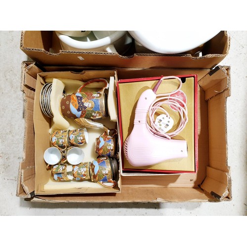 85 - Two boxes including a Satsuma style tea set and bed pans. No shipping. Arrange collection or your ow... 