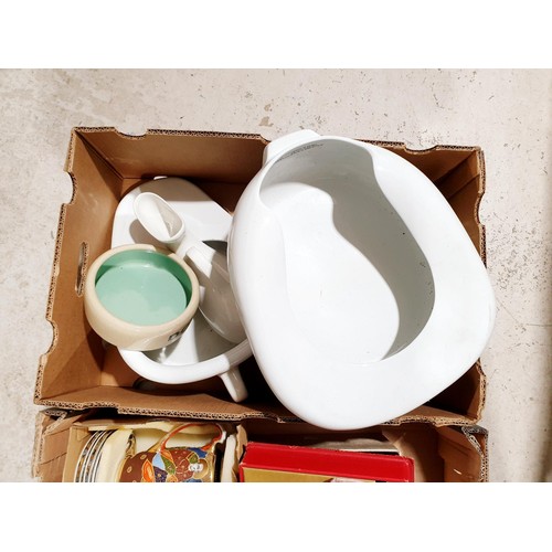 85 - Two boxes including a Satsuma style tea set and bed pans. No shipping. Arrange collection or your ow... 