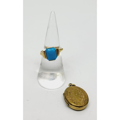 12 - A 9ct gold and turquoise ring, A/F, gross weight 2.1g, size L/M together with a gold plated locket. ... 