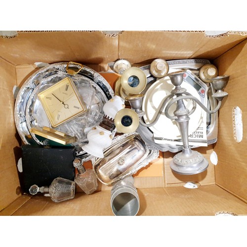 133 - A box of metal ware and assorted. No shipping. Arrange collection or your own packer and shipper, pl... 