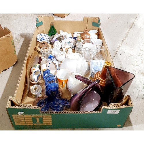 137 - A box of glass and china including Art Glass. No shipping. Arrange collection or your own packer and... 