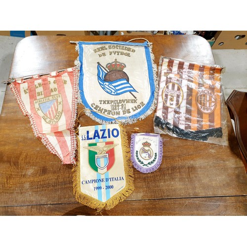 155 - Eight vintage Italian and Spanish football pennants and caps including Juveutus, Lazio and Real Madr... 