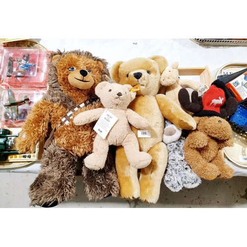 195 - A selection of soft toys including Steiff and a Merry Thought articulated teddy bear with growler, l... 