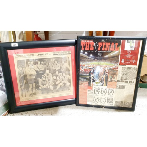 227 - Framed Liverpool Echo newspaper pages relating to Liverpool F.C., the largest 16.5