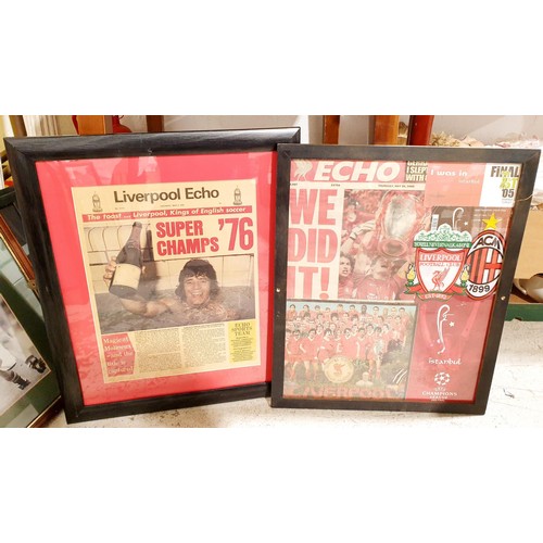 227 - Framed Liverpool Echo newspaper pages relating to Liverpool F.C., the largest 16.5