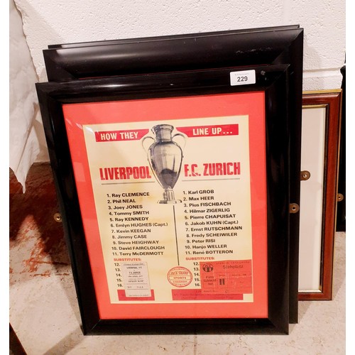 229 - Three framed Liverpool F.C. European fixtures posters and a watercolour drawing of The Holt Pub, the... 