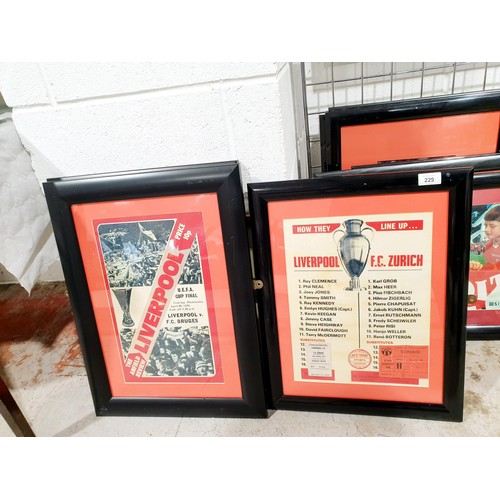 229 - Three framed Liverpool F.C. European fixtures posters and a watercolour drawing of The Holt Pub, the... 