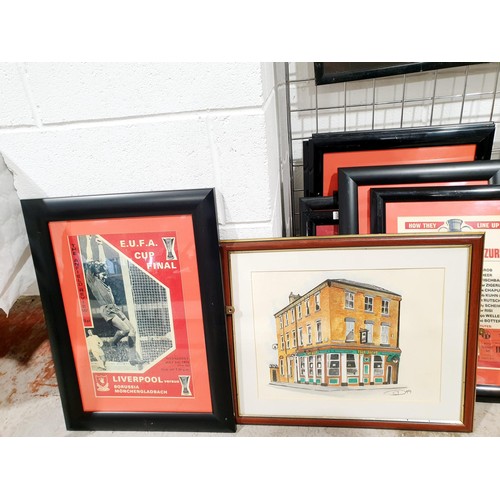 229 - Three framed Liverpool F.C. European fixtures posters and a watercolour drawing of The Holt Pub, the... 