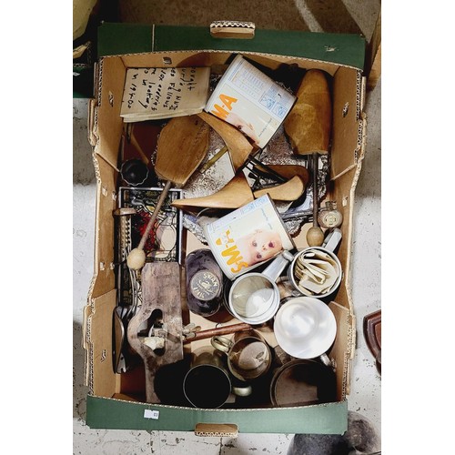 63 - A box of metal ware and assorted. No shipping. Arrange collection or your own packer and shipper, pl... 