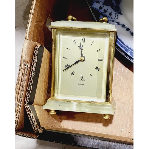 66 - A box including a quartz onyx carriage clock. No shipping. Arrange collection or your own packer and... 