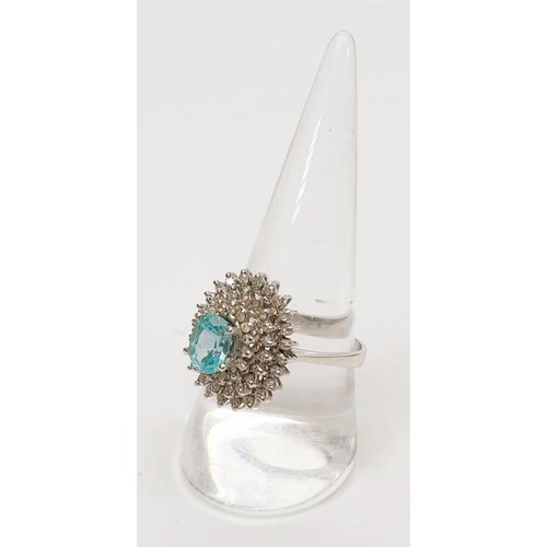 22 - A 14ct white gold diamond and aquamarine cluster ring, gross weight 4.8g, size R/S. UK shipping £14.