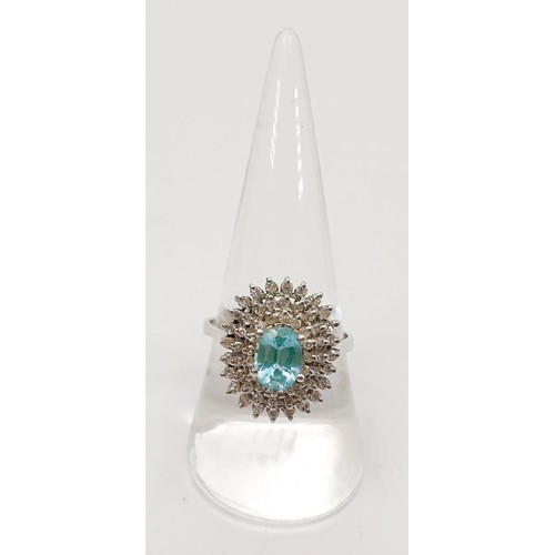 22 - A 14ct white gold diamond and aquamarine cluster ring, gross weight 4.8g, size R/S. UK shipping £14.