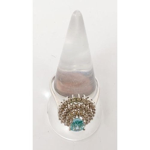 22 - A 14ct white gold diamond and aquamarine cluster ring, gross weight 4.8g, size R/S. UK shipping £14.