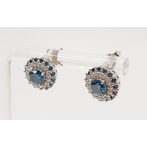 24 - A pair of hallmarked 18ct white gold blue and white diamond cluster earrings, gross weight 2.7g. UK ... 