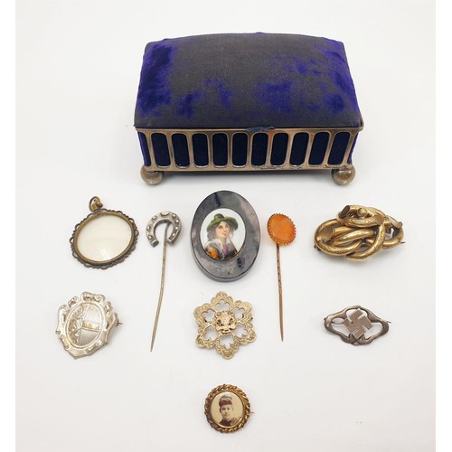 44 - Antique and later costume jewellery including silver and a silver plated trinket box. UK shipping £1... 